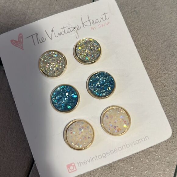 Opal Blue and White New Druzy Stud Earrings - Picture 2 of 4
